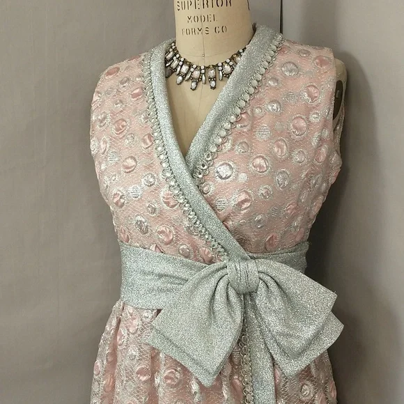 Sixties Silver & Pink Metallic Gown 60s Designer Maxi Feminine Glitter Sz 8 10